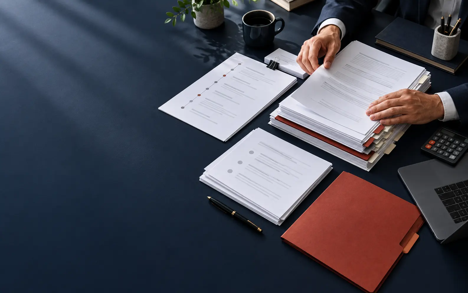 Business owner organizing a chronology, contracts, financial records, and supporting documents at a desk
